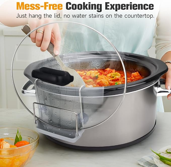 SOPHICO Crock Pot Lid Holder for Most Slow Cookers, Grey, 2 Pack | Mess-Free & Hands-Free Pot Lid Organizer while Cooking, Keeps Countertop No Mess, Stainless Steel Rack with Silicone Sink