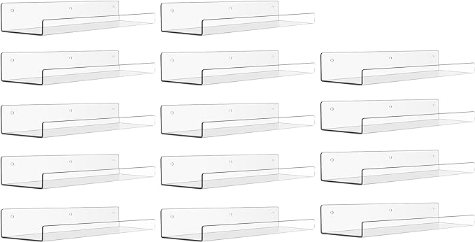upsimples 14 Pcs 15" Acrylic Shelves for Wall Display and Storage, Clear | Transparent Design Highlights Skincare, Perfume, Easy-to-Find Versatile Floating Shelves for Bathroom, Bedroom and Playroom