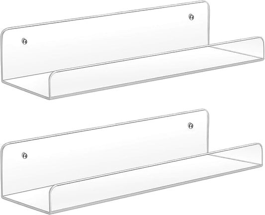 Sooyee Acrylic Shelves,2 Pack 15 Inch Floating Wall Shelves, Funko Pop Display Shelf,Invisible Kids Book Shelf,Picture Ledge Shelf Decor, Bathroom Wall Shelves,Clear