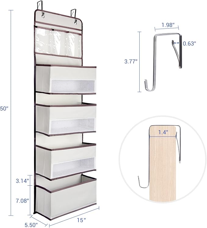 NesTidy 2 Pack Over The Door Organizer Storage, Wall Mount Hanging Organizer with 4 Large Capacity Pocket Organizers and 3 Small Pockets for Baby Essentials, Toys, Cosmetics, and Sundries (Beige)