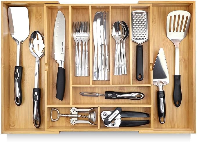 Pristine Bamboo Silverware Organizer - Expandable Kitchen Drawer Organizer - Adjustable Kitchen Drawer Organizer for Utensils, Expandable to 22 Inches Wide, 10 Compartments, Silverware Tray for Drawer