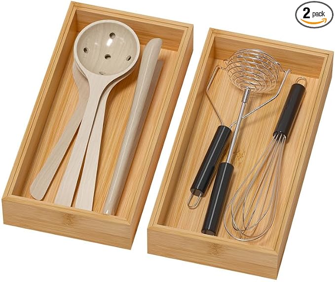 Lixple Bamboo Drawer Organizer - Silverware & Utensil Organizer, Stackable, 2 Pcs, Wooden Storage Box Tray (Bamboo, 12 X 6 X 2 Inch)