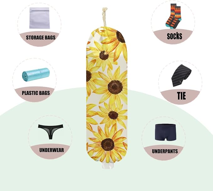 2Pcs Sunflowers Plastic Bag Holder 22.5x9 Inch, Wall Mount Grocery Bag Holder for Plastic Bags, Summer Floral Reusable Grocery Bags Storage Dispenser for Home Kitchen Decor, Sunflower Gifts for Women