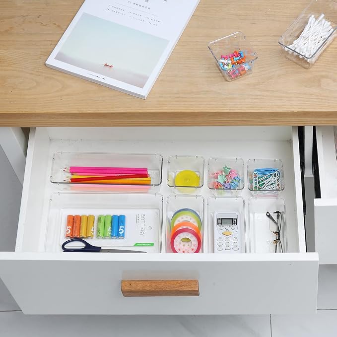 Byomostor 28PCS Clear Plastic Drawers Organizer in 4 Sizes, Ultimate Drawer Organizer Bins for Bathroom, Vanity, Junk Drawer, Office - Store Makeup, Jewelries, Supplies, and Tools with Ease