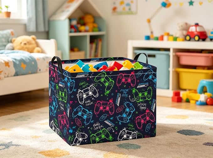 Rectangular Baby Kids Storage Basket for Home Kitchen Girls Cute Toy Storage Bin Organizer Shelf Book Room Decor(Blue Game)
