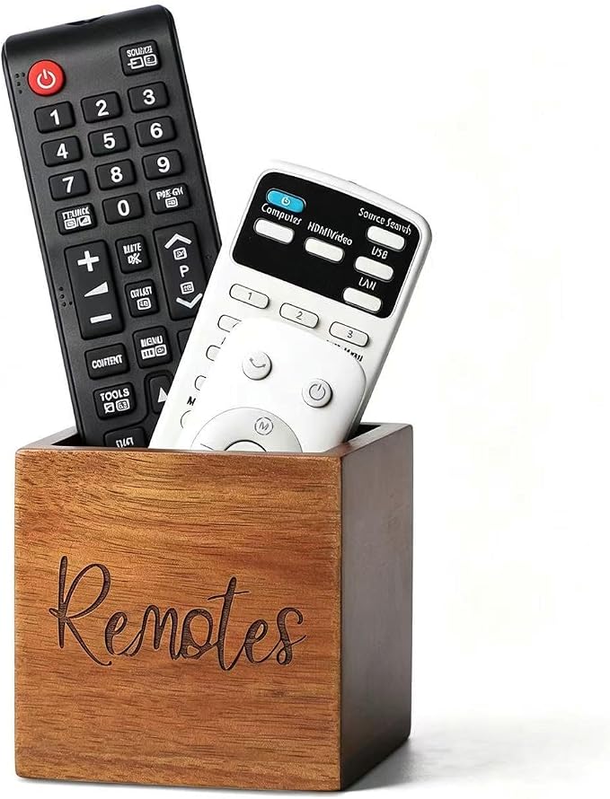 Remote Control Holder, Wooden TV Remote Holder for Table, Remote Organizer Caddy for Home Decor, Remote Box for Nightstand, Brown Labeled Remote, 1 Slot - 3.5 Inch