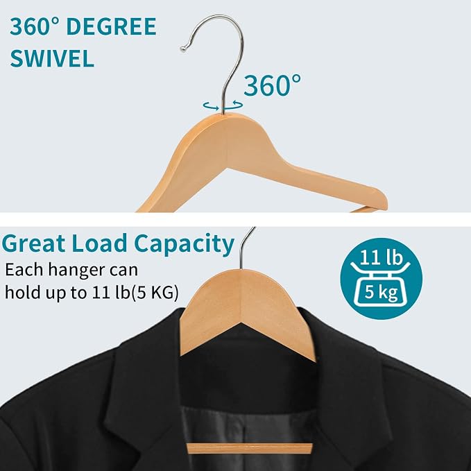 ABHENG 20 Pack Wooden Coat Hangers, 360° Swivel Hook, Suit Hangers with Anti-Slip Notches, Clothes Hangers for Jackets, Shirts, Dress, Natural UAWY0520N