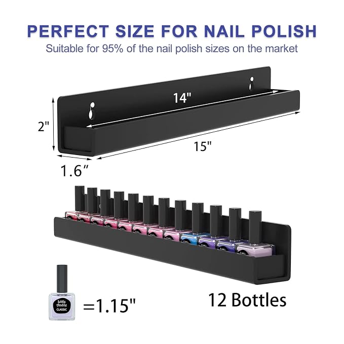 FEMELI Nail Polish Wall Rack: 6 Shelves 15 Inch Acrylic Nail Polish Holder Organizer for 66-90 Bottles, Multi-Purpose Acrylic Floating Shelves (15 Inch, Black)