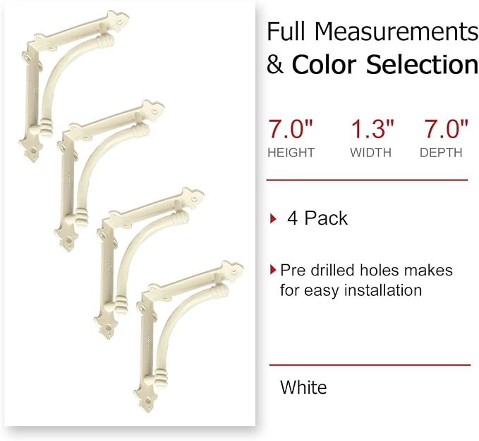 NACH Decorative Shelf Brackets, 4 Pack of 7.25 x 1.6 x 7.25 inch White Cast Iron Shelf Brackets - Decorative Brackets White - Industrial Style Brackets - Slim Version - AD-90-064WTM