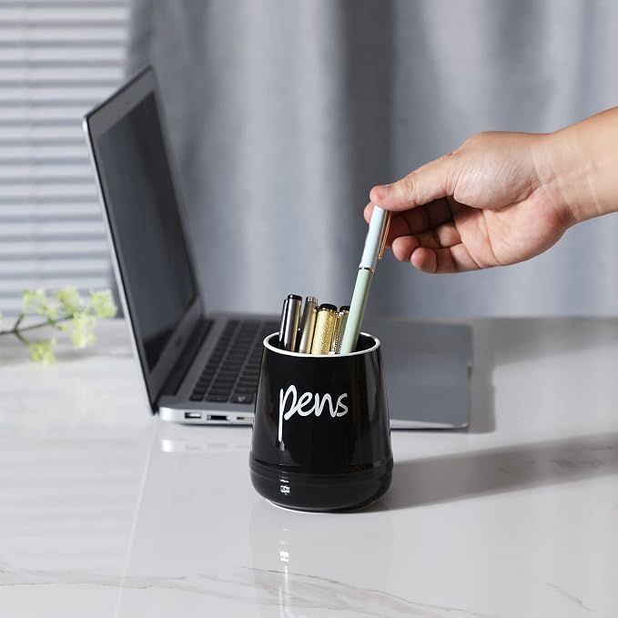 LEETOYI Ceramic Farmhouse Pen Holder for Desk, Pencil Organizer 16oz (Black)