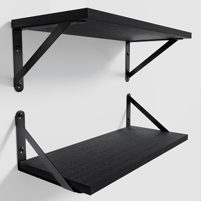 COCOYA Wall Shelves 7.3" Deep Solid Paulownia Wood (Black, Set of 2) | 15mm Thick, Wider & Longer & Stronger, Easy to Install, Floating Shelf for Room Wall, Bathroom Bedroom Office Organizer