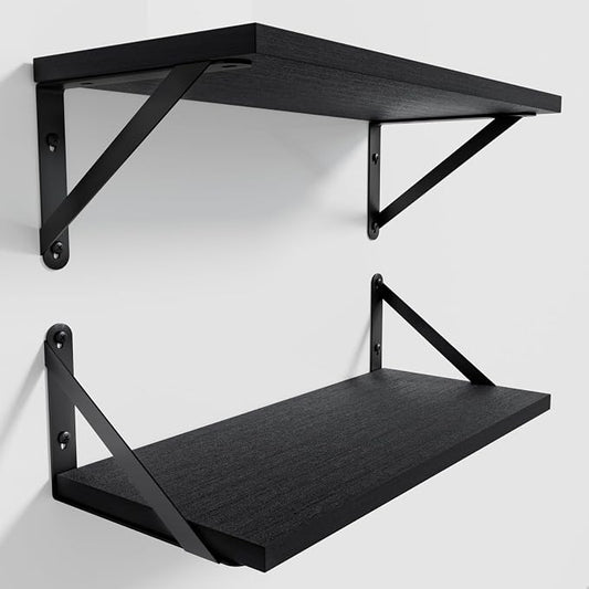 COCOYA Wall Shelves 7.3" Deep Solid Paulownia Wood (Black, Set of 2) | 15mm Thick, Wider & Longer & Stronger, Easy to Install, Floating Shelf for Room Wall, Bathroom Bedroom Office Organizer