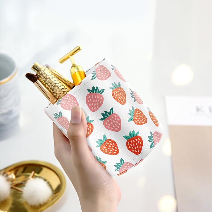 Pen Holder for Women Girls, Pencil Cup Pink Desk Decor, Makeup Brush Holder Large Pu Leather Multi-Functional Organizer Cup for Office, Classroom, Home, Strawberry