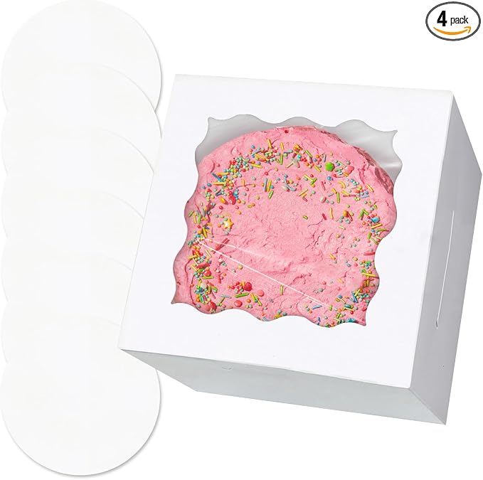 qiqee White 6"x6"x5" Cake Box 4Pcs, 6" White Cake Round Boards 4Pcs, for Cake, Treat Cookie Dessert, Birthday Party