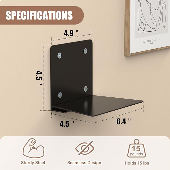 Eapele Invisible Floating Bookshelf, Heavy-Duty Hanging Bookshelves, Steel Constructed Wall Mounted Hidden Bookshelf with Mounting Hardware, 4PCS Black