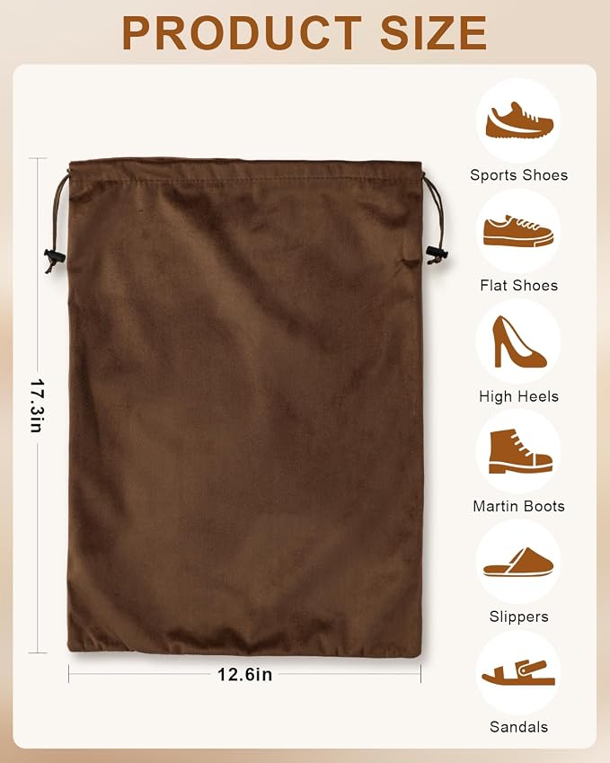 2 Pcs Shoe Bags for Travel, Dust Velvet Bag, Mocha Mousse, 17.3x12.6 Inch | Washable & Reusable Travel Shoe Bags, Dustproof Shoe Bags with Drawstring Closure, Suitable for Travel, Home Storage