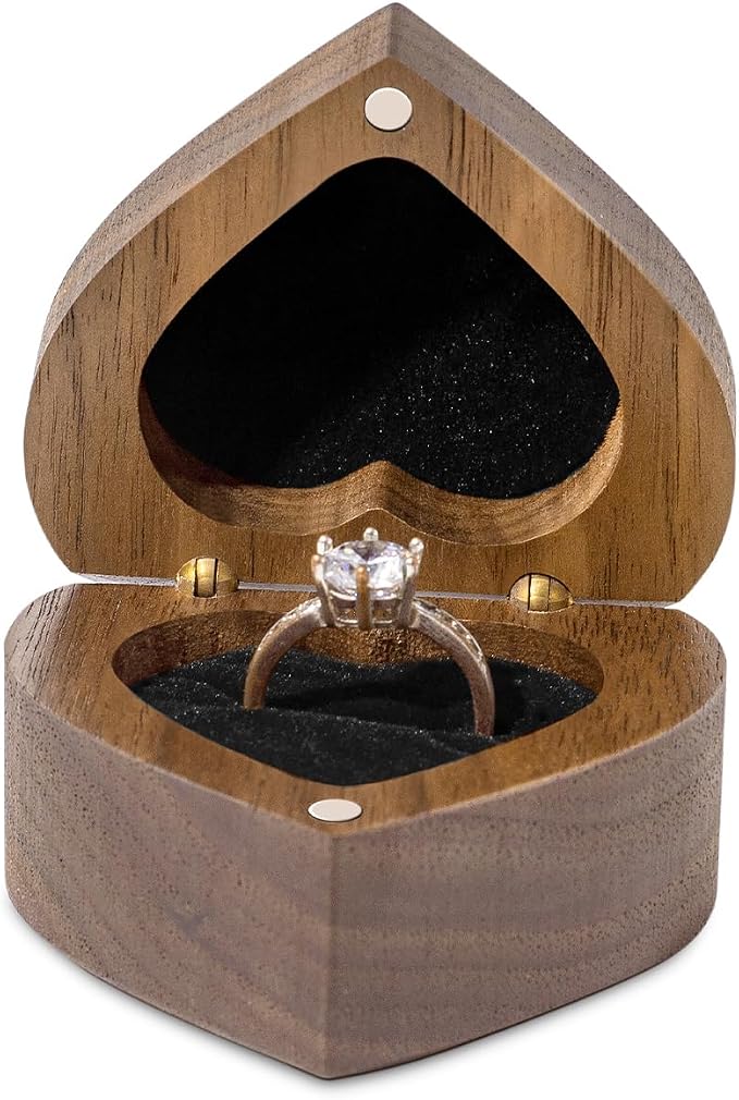 Engagement Proposal Ring Box Secret Slim Engraved Wooden Heart Case | Engrave"A Promise is Forever", Walnut Wood Ring Bearer Box Jewelry Storage Holder Display for Wedding Ceremony Commemoration