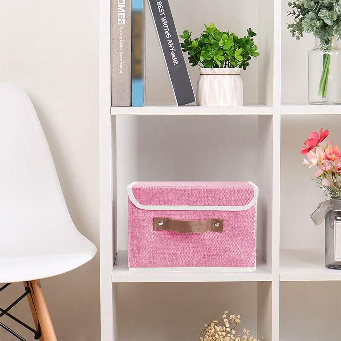 2Pack Storage Bins Boxes with Lids 15"x10"x10" Decorative Storage Baskets | Cotton Linen Fabric, Collapsible, Faux Leather Handles, Storage Cubes, Closet Shelf Clothes Organizer Container, Pink
