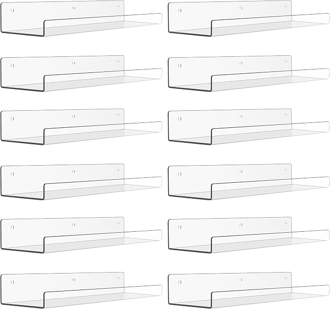 upsimples 12 Pcs 15" Acrylic Shelves for Wall Display and Storage, Clear | Transparent Design Highlights Skincare, Perfume, Easy-to-Find Versatile Floating Shelves for Bathroom, Bedroom and Playroom