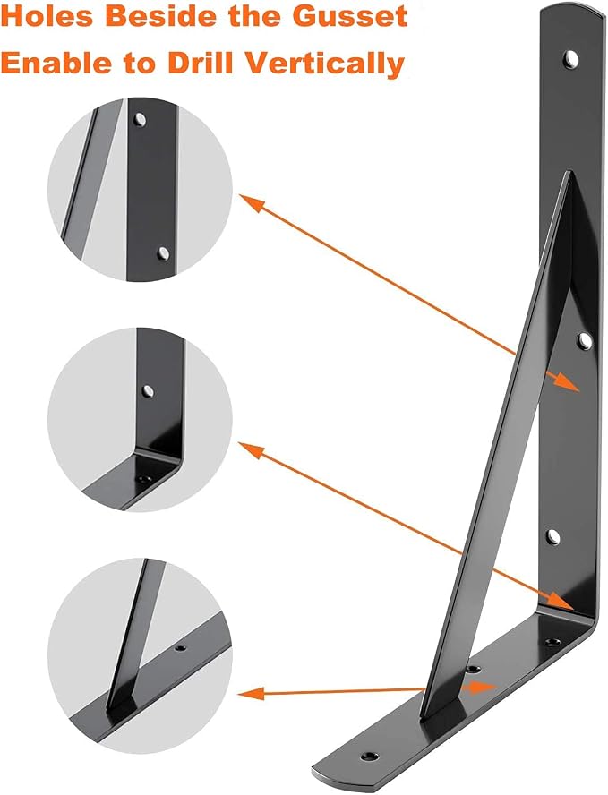 LuckIn 8-Pack 14 Inch Heavy Duty Shelf Bracket, Fit for 14 16 18 Inch Floating Shelves, Wall Shelf L Brackets with 90 Degree Triangle, 250 LBS Max Load, Mounting Hardware Included, Black