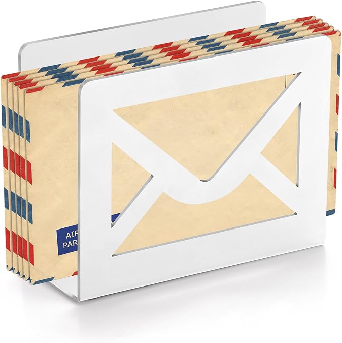 Desktop Metal Mail Holder,Letter Organizer for Desk (White) | Modern,Cutout Envelope Design,Envelope and Document Storage Rack for Home and Office