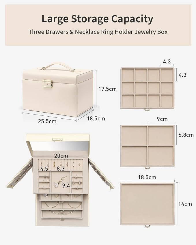 VLANDO Jewelry Box for Mothers Day Teacher Appreciation Gifts, 4-Tier Jewelry Organizer with Lock, Mirror Jewelry Box for Earring, Ring, Necklace, Jewelry Storage for Women Girls - Beige