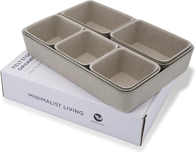 Welaxy Minimalist Felt Desk Drawer Organizer Tray 8pc Stone Storage Bins