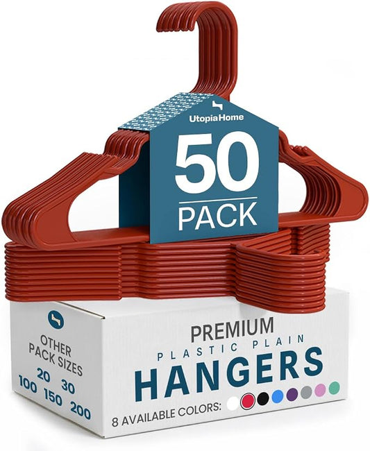 Utopia Home - Plastic Hangers 50 Pack - Space Saving Clothes Hanger - Durable and Strong Closet Organizers and Storage Makes It Ideal Stocking Stuffers or Apartment or Dorm Room Essentials (Red)