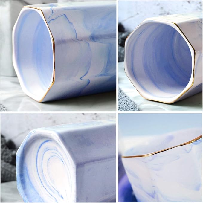 Pencil Holder Cup, Pen Organizer Stand for Desk Cute Marble Pattern Pen Cup Durable Ceramic Desk Organizers for Office Girl Women Adult Teen, Blue Marble