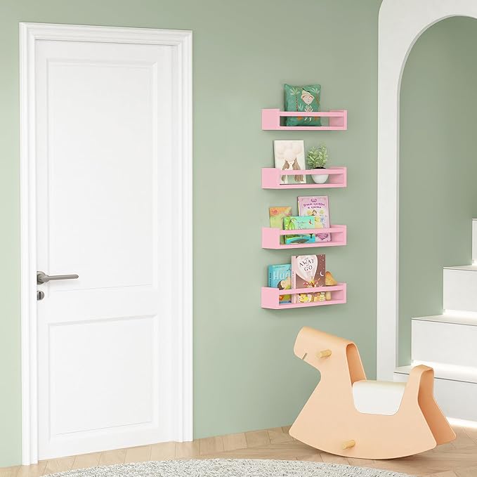 Forbena Pink Nursery Floating Shelves for Wall, Small Kids Wall Bookshelf for Baby Toddler Girls Room, Wood Nursery Hanging Book Shelves for Childrens Bedroom Toys Storage Organizer (Set of 4, Pink)