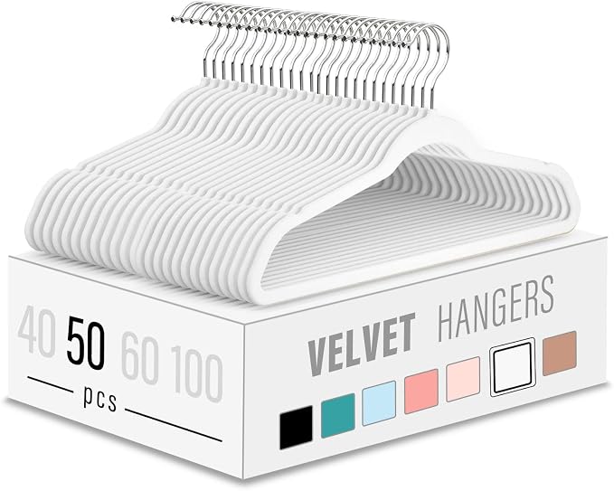 Velvet Clothes Hangers 50 Pack,Non-Slip Slim White Suit Hanger Space Saving Luxury Velvet Hangers for Wardrobe, Student Dorms, Home Organization