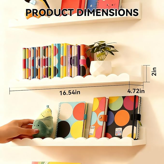 Nursery Book Shelves, Set of 4 Floating Book Shelves, Scalloped Wall Bookshelf for Bedroom, White Decor for Nursery, Baby, Toddler Room