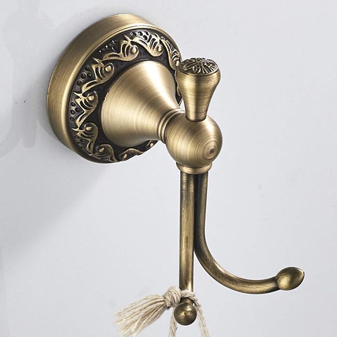 Leyden Antique Brass Towel Hook, Bathroom Robe Hooks, Brushed Double Coat Clothes Hanger Hook Vintage Style Wall Mounted