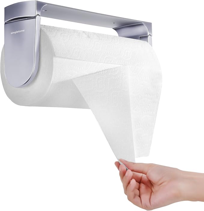 simpletome ONE Hand Paper Towel Holder Under Cabinet (Pearl Chrome Silver) | tension arms, tear one/more sheets at one time | aluminum alloy+abs | adhesive or drilling for wall/cabinet | for 28cm roll