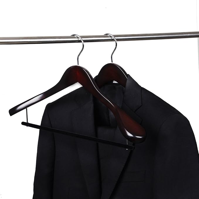 Luxury Wide Shoulder Wooden Hangers 6 Pack, with Velvet Bar, Smooth Mahogany Finish Wood Suit Hanger Coat Hanger for Closet, Holds Upto 20lbs, 360° Swivel Hook, for Jacket, Dress Heavy Clothes Hangers
