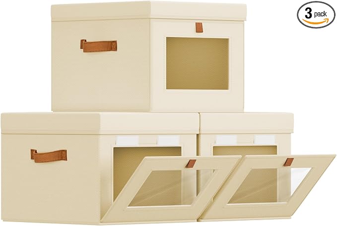 Homsorout Storage Bins with Lid – Closet Organizer with Side Opening and Clear Window, Foldable Stackable Fabric Basket for Clothes Storage, Bedroom, Nursery, Office, 3 Pack, Beige