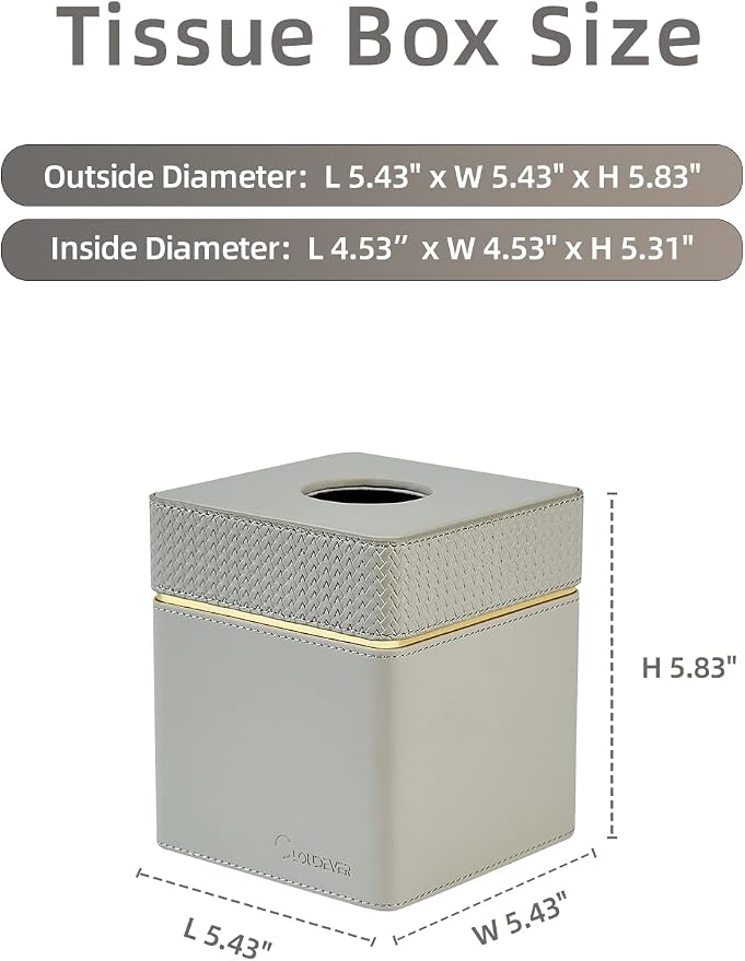 Tissue Box Holder Cover Square, Modern PU Leather Decorative Tissue Cube Holder Organizer - Woven Pattern Grey