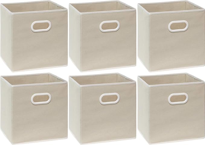 Simple Houseware Foldable Cube Storage Bins with Handles, 11-Inch, Beige, 6-Pack, Fabric Cubes Organizer for Closet or Shelves