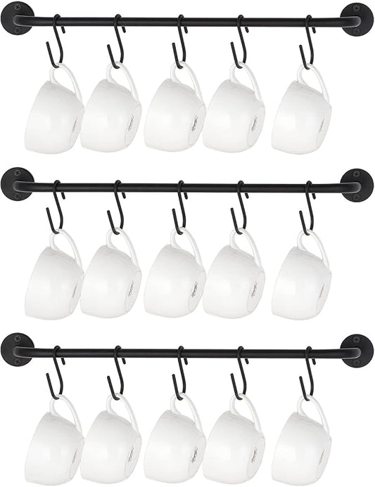 Mkono Mug Holder Wall Mounted Coffee Cup Rack Hanger Modern Metal Wall Rack with 15 Mug Hooks Rustic Utensil Tea Cups Storage Organizer for Kitchen Dining Room Coffee Bar, Set of 3, Black