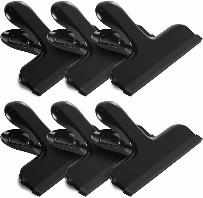 HOUSE AGAIN 6 Pack Stainless Steel Chip Bag Clips Covered with Silicone - NO More Sharp Edges - Color Coded for Food Bags - Air Tight Seal, Heavy Duty for Kitchen and Office, 3 Inches, Black