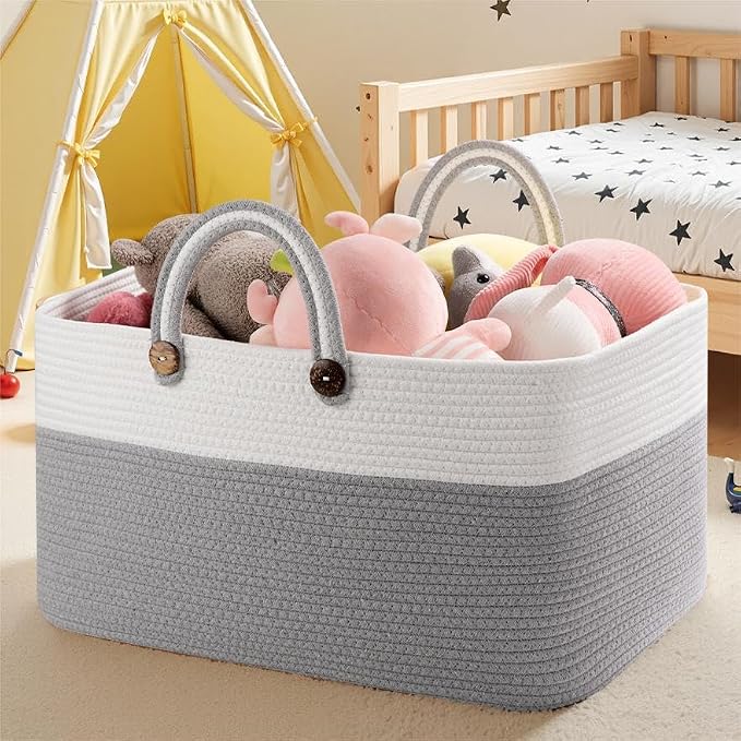 OIAHOMY 75L Large Blanket Basket, 22”x17”x12” Rectangle Woven Baskets For Storage, Nursery Blanket Storage Living Room, Toy Box With Long Handle-Gradient Grey With White