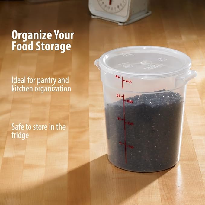 Lumintrail Cambro 4 Quart Round Food Storage Container, Translucent, with a Translucent Lid, Bundle with a Measuring Spoon Set