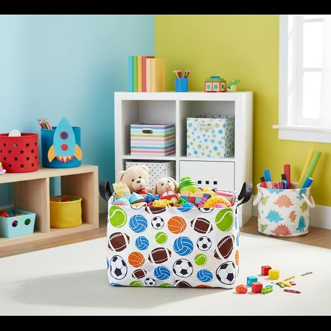 Football Storage Basket Empty, Waterproof Football Storage Bins Organizer, Foldable Closet Shelf Baskets with Handles for Home Office Dorm Closet Shelf