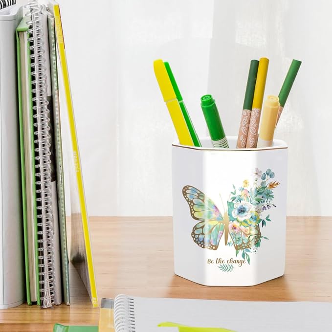 Pencil Pen Holder for Desk, Ceramic Cute Makeup Brush Holder, Desktop Supplies and Accessories for Women Students, Art Supply Caddy, Butterfly Pattern