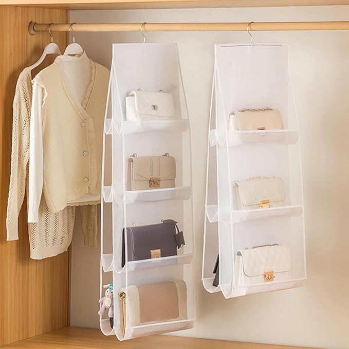 MURRI&MURRDI Hanging Handbag Organizer for Closet, Purse Storage Hanger with 8 Easy Access Clear Pockets, Womens Tote Bag Pocketbook Holder for Door Wall Wardrobe, Space Saving Organization, White