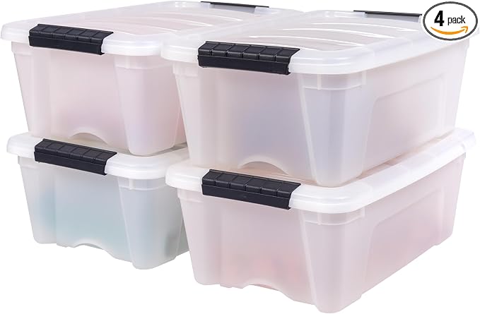 IRIS USA 13 QT Plastic Storage Box with Lid and Latches - 4 Pack - BPA-Free, Discreet Organizing Solution, Durable Nestable Stackable Containers, Secure Pull Handle - Pearl