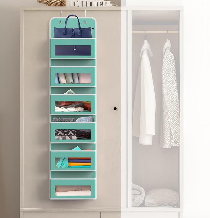 Simple Houseware 6 Clear Window Pocket Over Closet Door Storage Hanging Organizer for Bedroom, Bathroom, Pantry, Turquoise