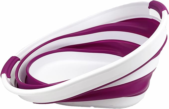 SAMMART 23L (6 Gallons) Collapsible Plastic Laundry Basket - Oval Tub/Basket - Foldable Storage Container/Organizer - Portable Washing Tub (White/Purple (Set of 2))