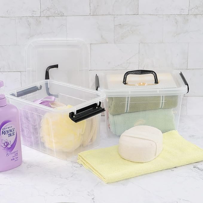 Ramddy 6 Quart Plastic Latching Storage Bin, 4 Pack Container Box with Lid | See Through Clear