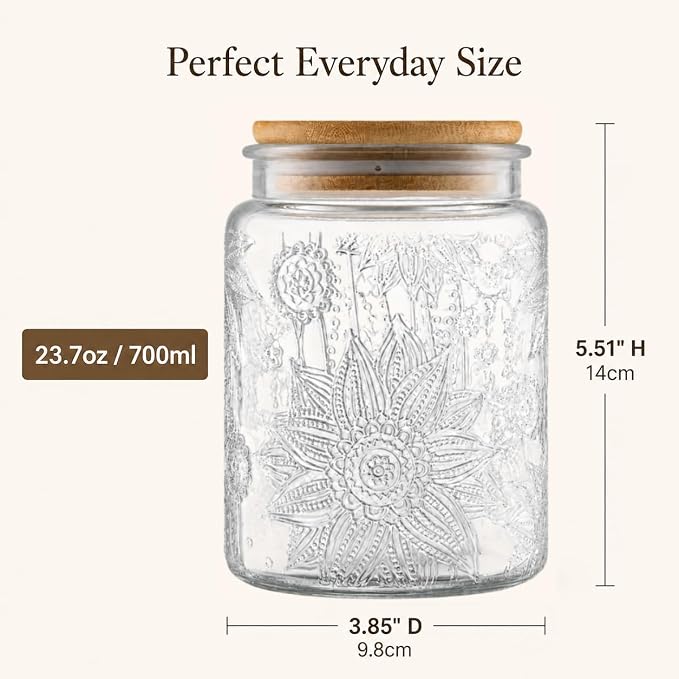 ANSQU Vintage Glass Jars Set Canister Airtight Storage Jar Container with Bamboo Wooden Lids for Kitchen Counter, Pantry, Coffee, Tea, Sugar, Cute Jar, 2 Pack 23.7 FL OZ (Begonia & Sunflower)